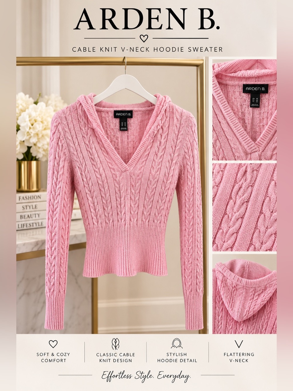 Arden B Pink Cable-Knit V-Neck Hoodie Sweater with Ribbed Waist